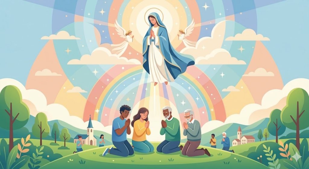 Confianza en el Poder de la Intercesión de María - manos orando en la tierra conectadas por un haz de luz a la silueta de María en el cielo